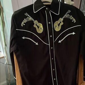 Scully Black and Gold Casual Button Down Shirt with Embroidered Guitars